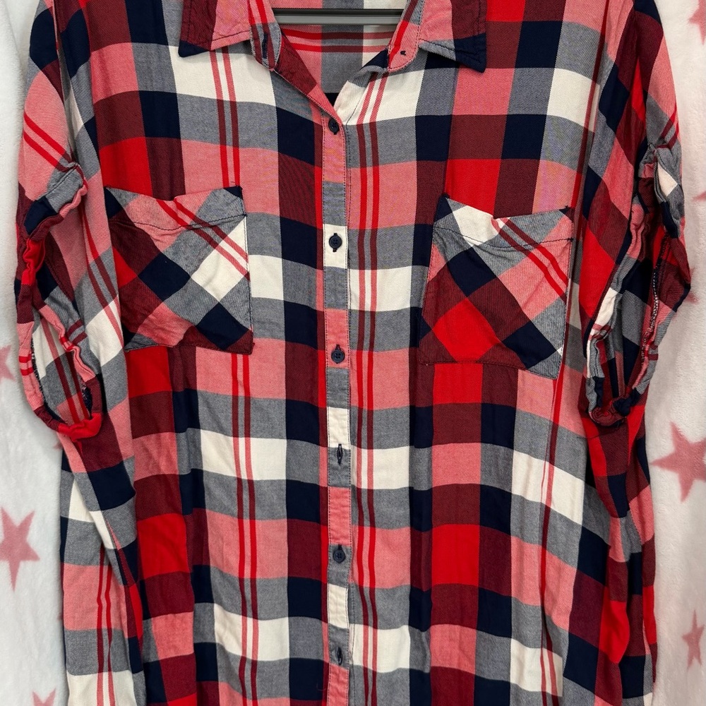 COMO VINTAGE 2X. Red Navy White Plaid Button-Up Shirt